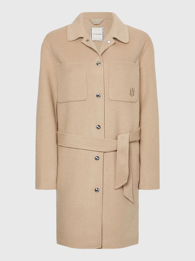 Beige Women's Tommy Hilfiger Long Wool Shirt Jackets | AU_W21180