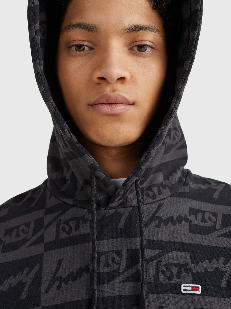 Black / Grey Men's Tommy Hilfiger Signature print Hoodies | AU_M31462