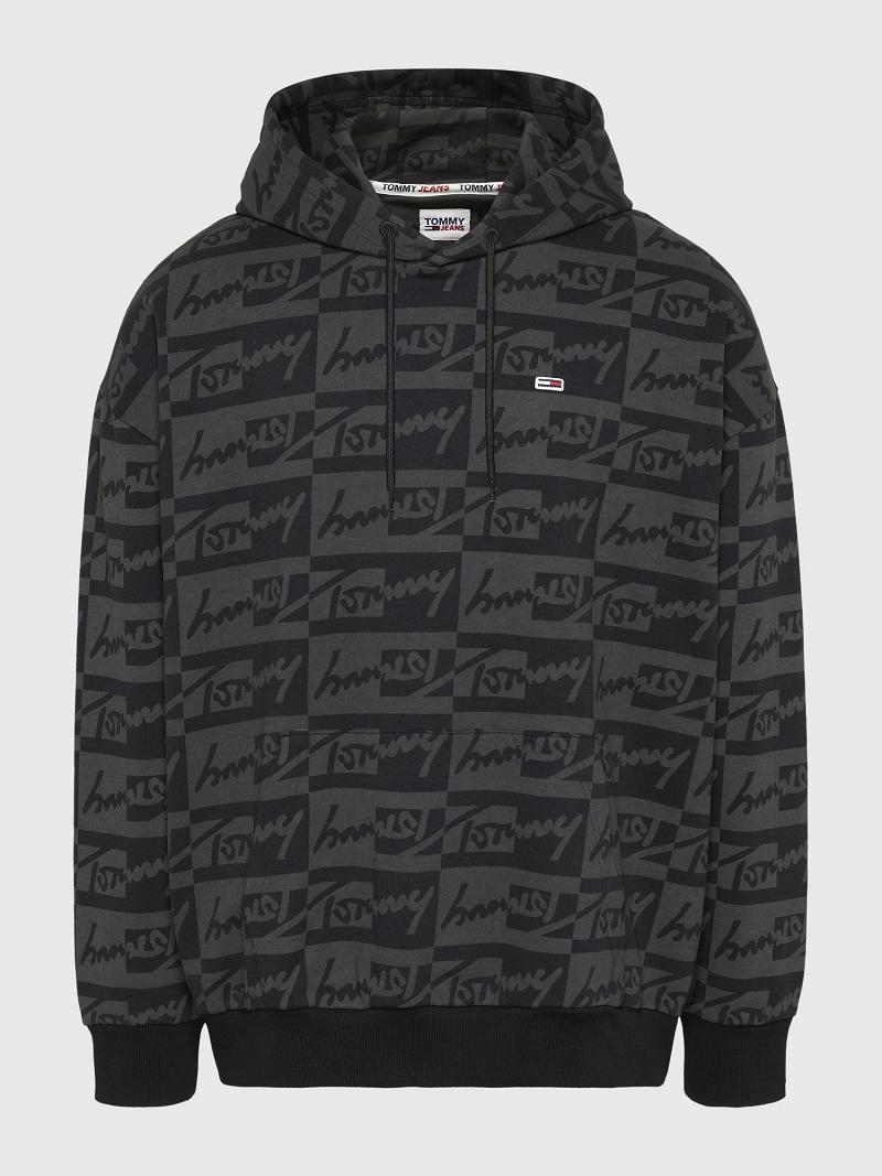 Black / Grey Men's Tommy Hilfiger Signature print Hoodies | AU_M31462