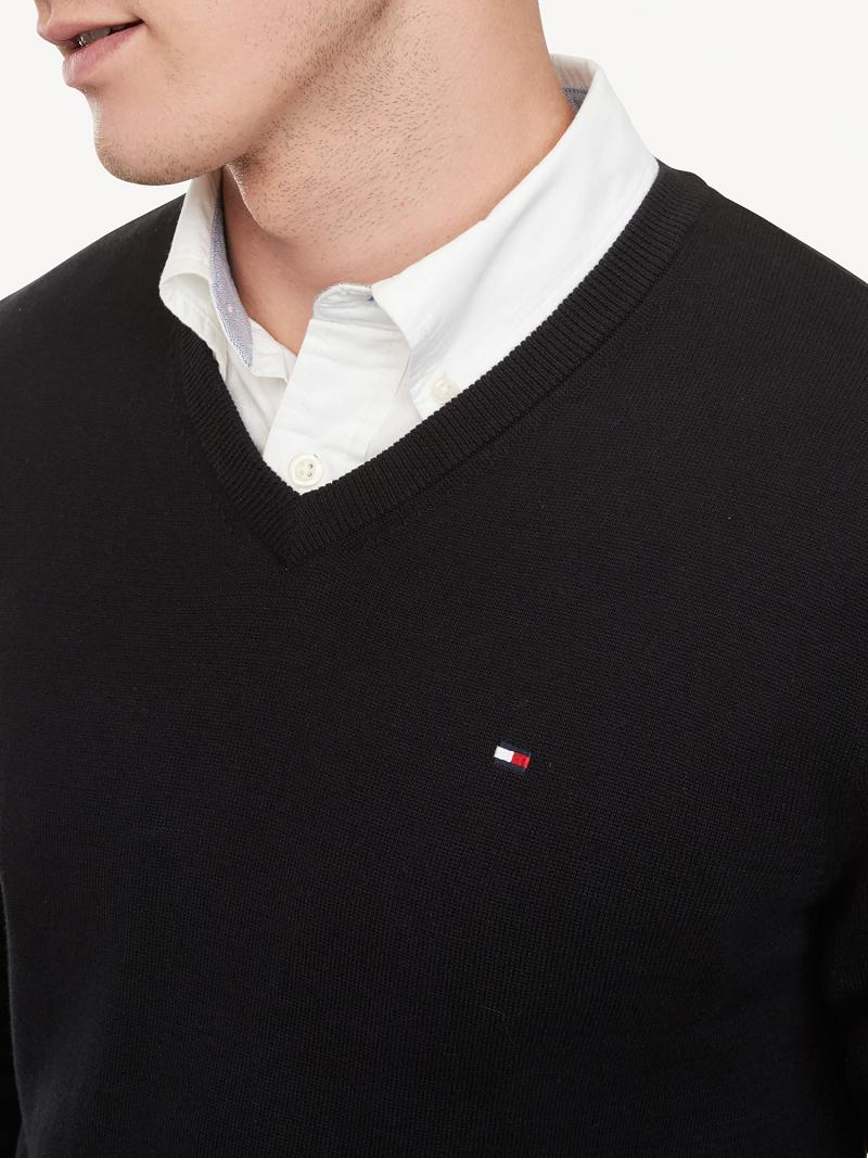 Black Men's Tommy Hilfiger Essential V-Neck Sweaters | AU_M31166