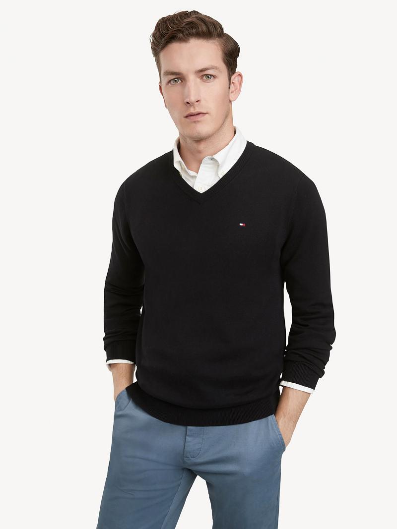 Black Men\'s Tommy Hilfiger Essential V-Neck Sweaters | AU_M31166