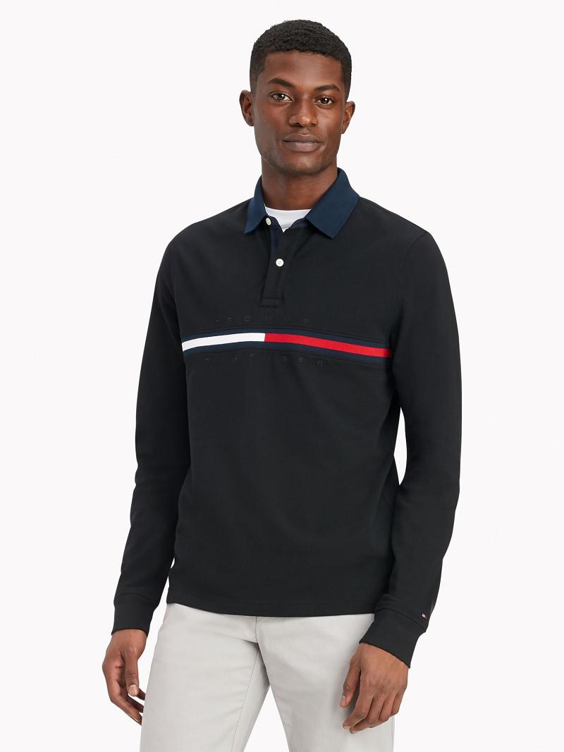 Black Men\'s Tommy Hilfiger Regular fit long-sleeve bar stripe Polos | AU_M31298