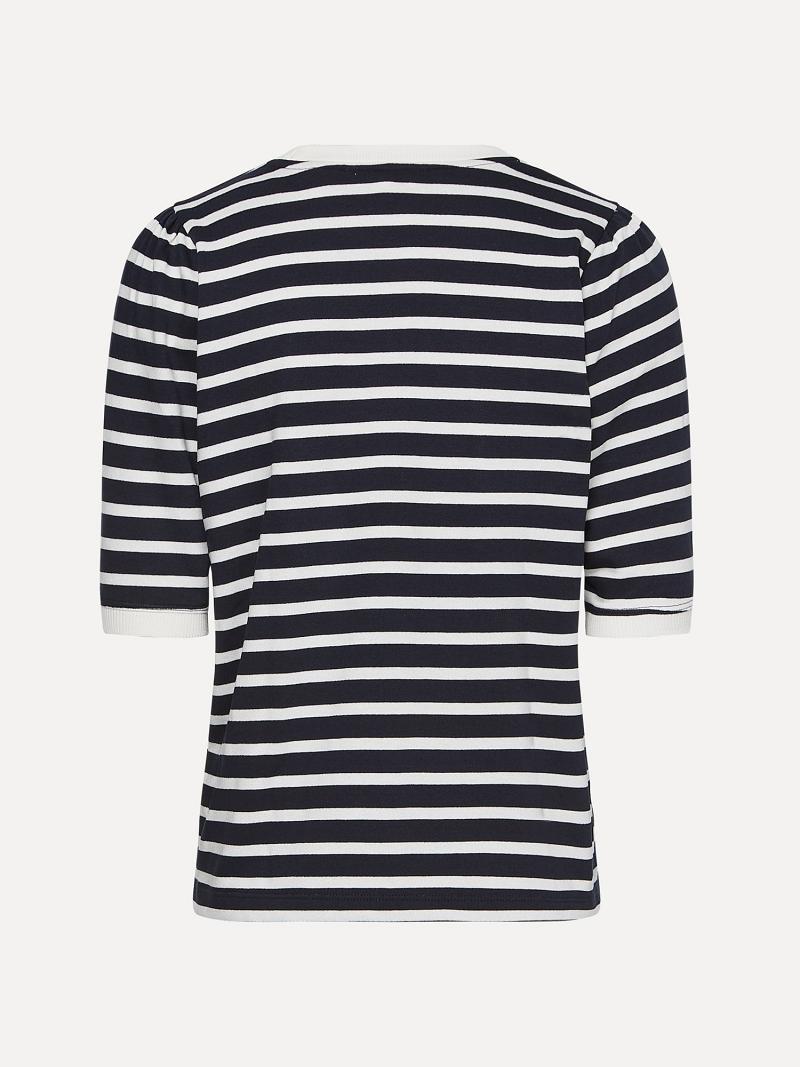 Black / White Women's Tommy Hilfiger Stripe Crewneck Top T Shirts | AU_W21476