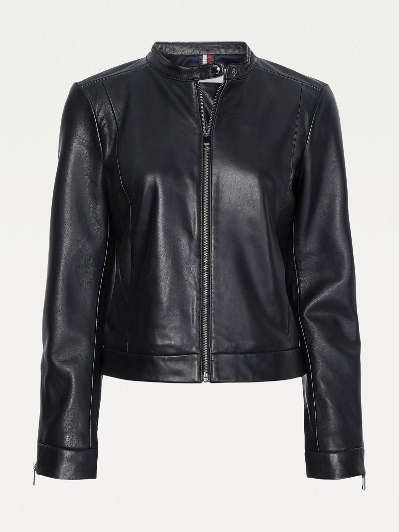 Black Women's Tommy Hilfiger Classic Leather Jackets | AU_W21169