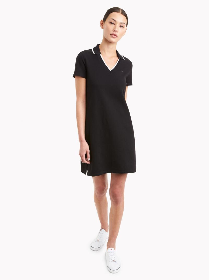 Black Women's Tommy Hilfiger Essential V-Neck Polo Dresses | AU_W21084