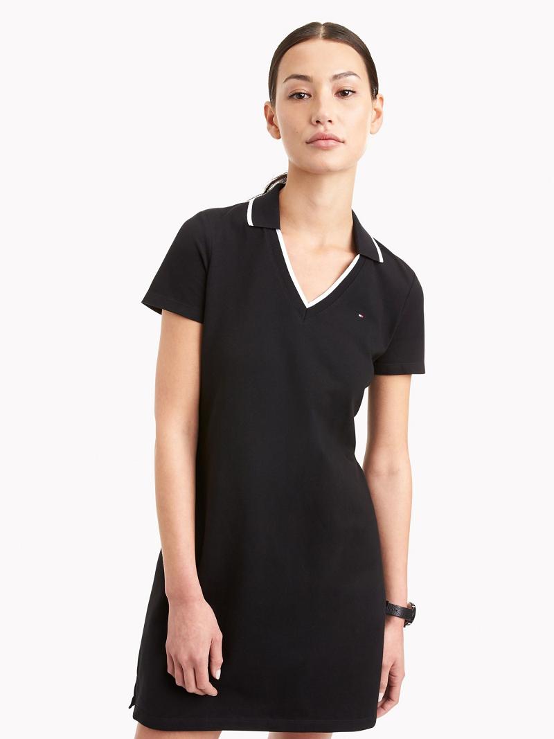 Black Women\'s Tommy Hilfiger Essential V-Neck Polo Dresses | AU_W21084