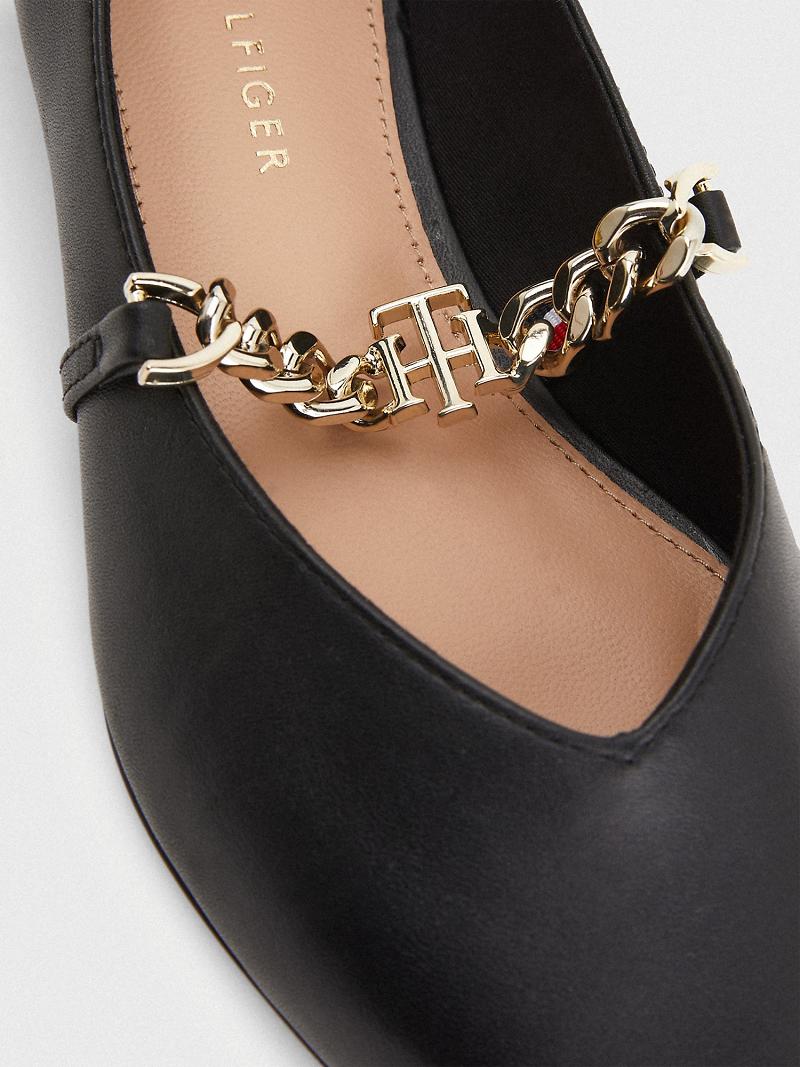 Black Women's Tommy Hilfiger Leather Chain Ballerina Flat Shoes | AU_W21602