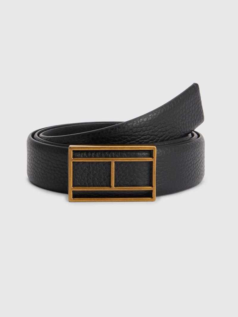 Black Women\'s Tommy Hilfiger Leather Flag Logo Belts | AU_W31719