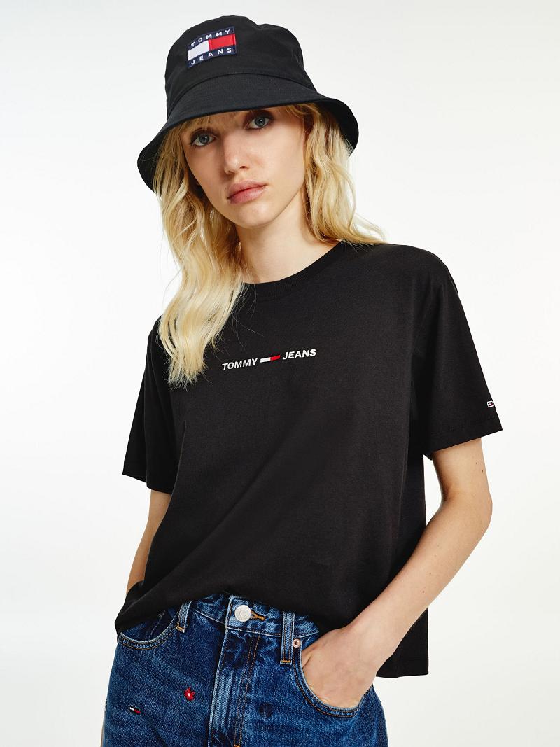 Black Women\'s Tommy Hilfiger Organic Cotton Linear Logo T Shirts | AU_W21471