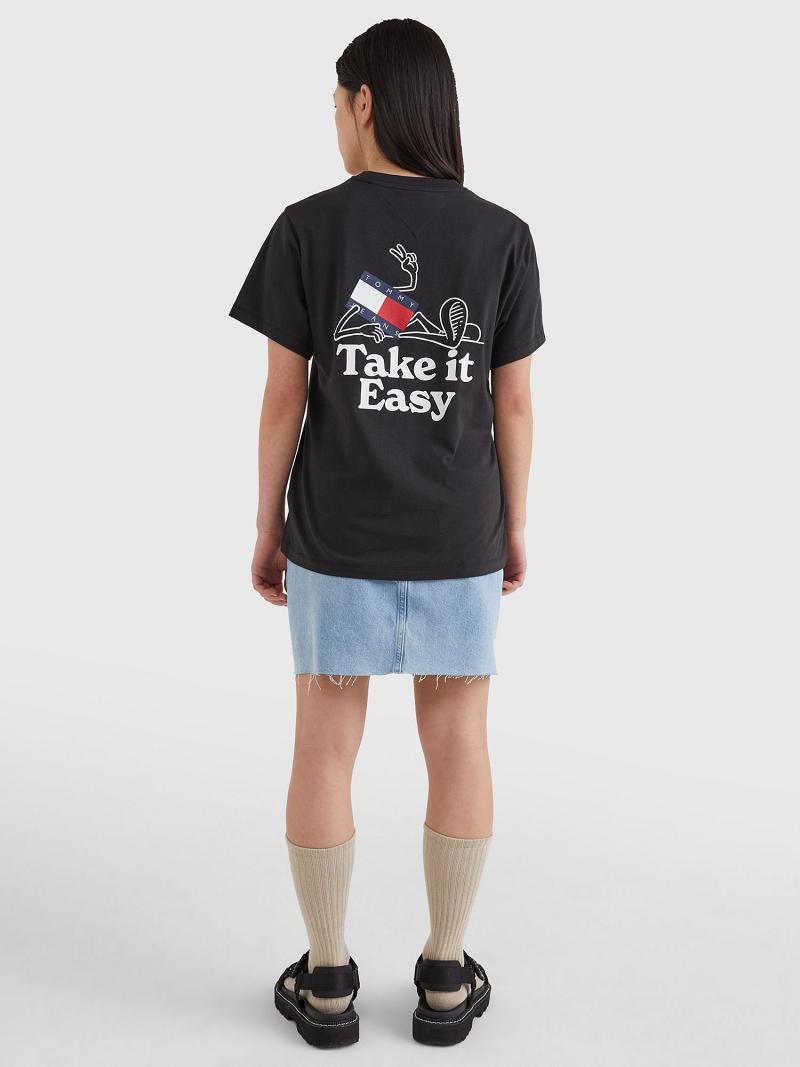 Black Women's Tommy Hilfiger Take It Easy Logo T Shirts | AU_W21482