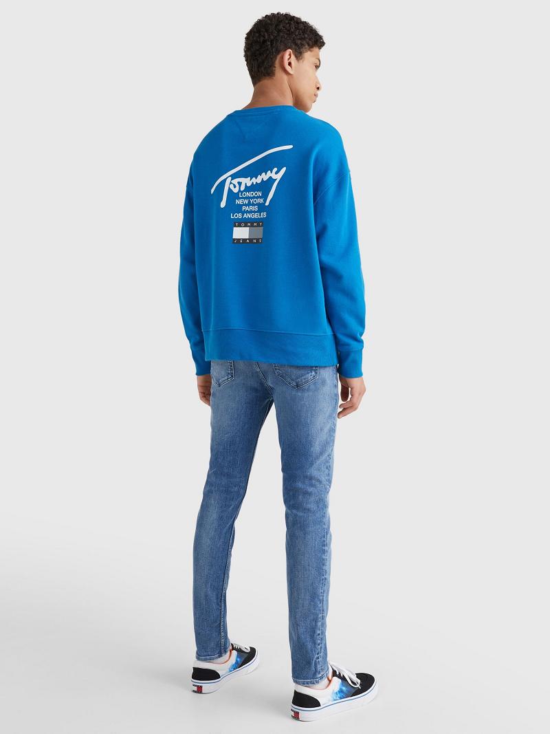 Blue Men's Tommy Hilfiger Signature Crewneck Sweatshirts | AU_M31135