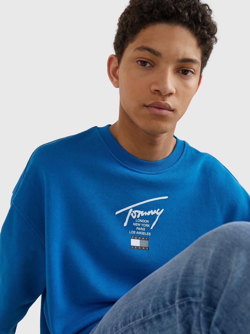 Blue Men's Tommy Hilfiger Signature Crewneck Sweatshirts | AU_M31135