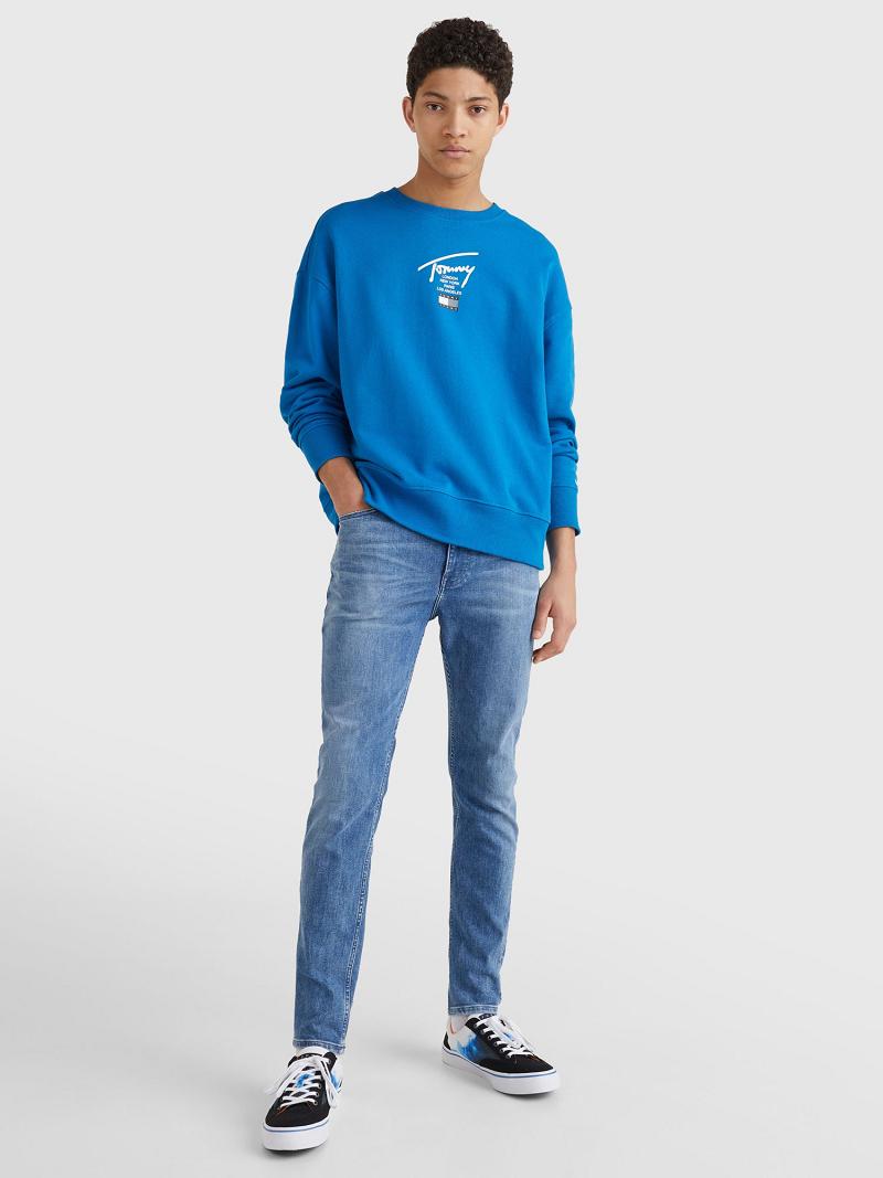 Blue Men's Tommy Hilfiger Signature Crewneck Sweatshirts | AU_M31135