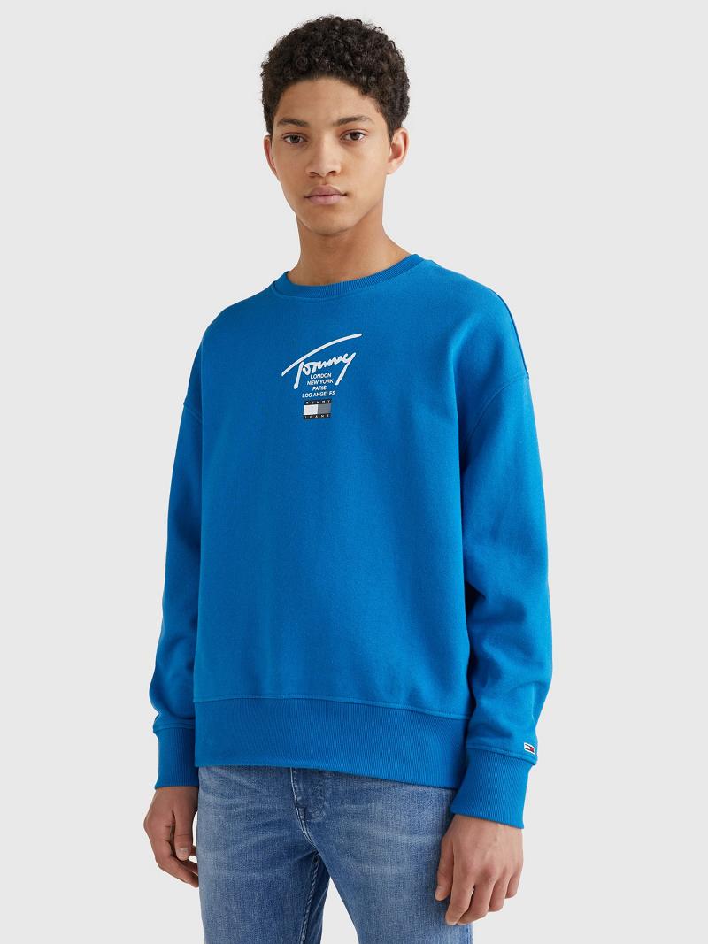 Blue Men\'s Tommy Hilfiger Signature Crewneck Sweatshirts | AU_M31135