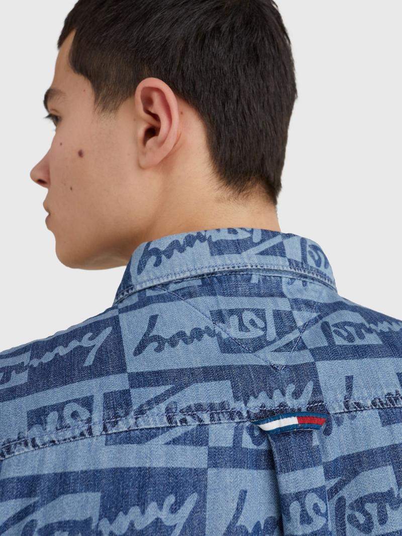 Blue Men's Tommy Hilfiger Tonal signature print denim Shirts | AU_M31284