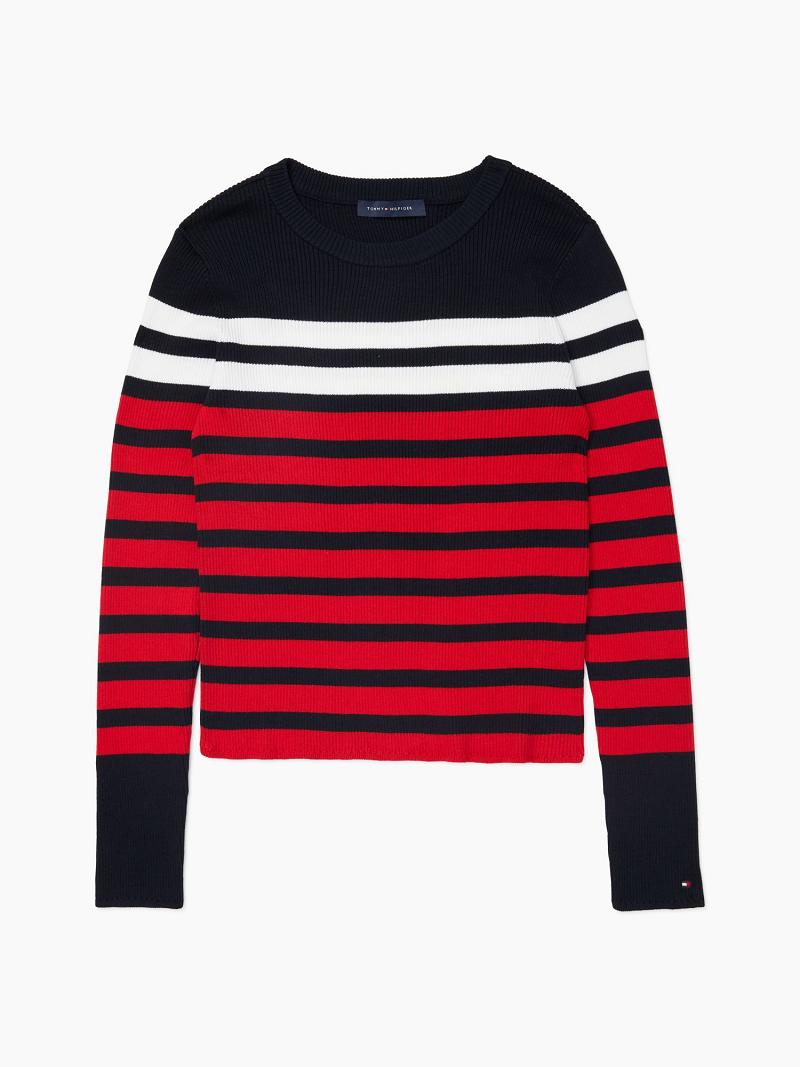 Blue / Red Women\'s Tommy Hilfiger Essential Ribbed Stripe Sweaters | AU_W21348