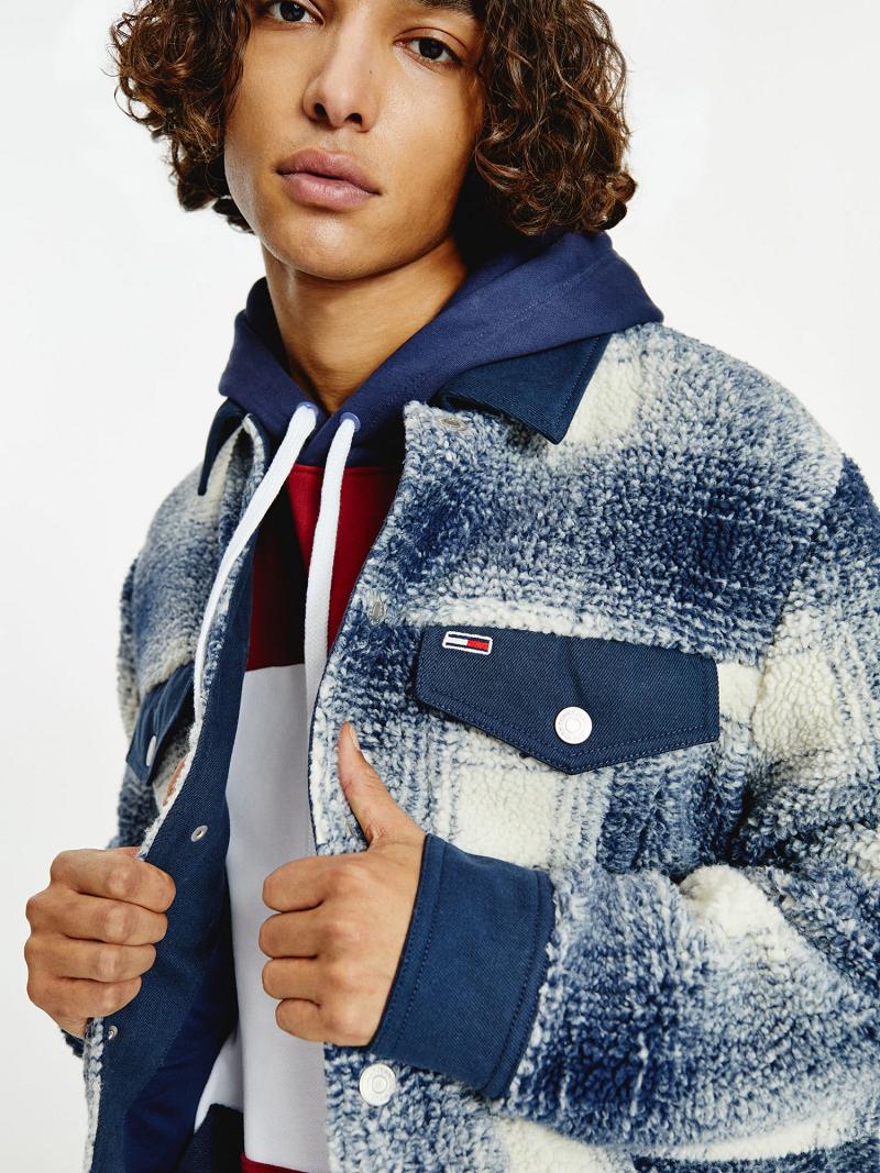 Blue / White Men's Tommy Hilfiger Recycled sherpa check trucker Jackets | AU_M31418