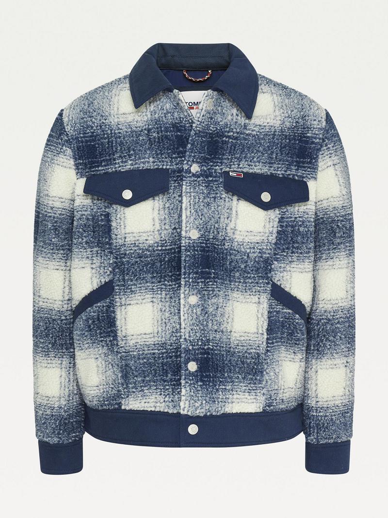 Blue / White Men's Tommy Hilfiger Recycled sherpa check trucker Jackets | AU_M31418