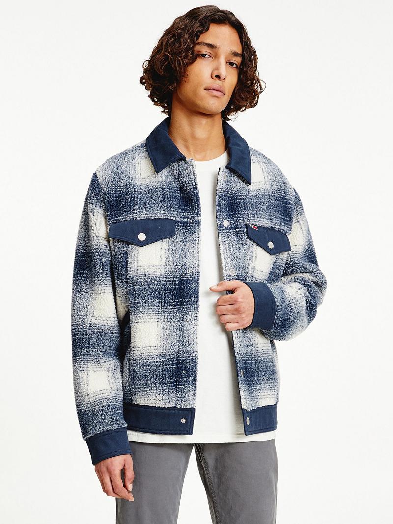 Blue / White Men\'s Tommy Hilfiger Recycled sherpa check trucker Jackets | AU_M31418