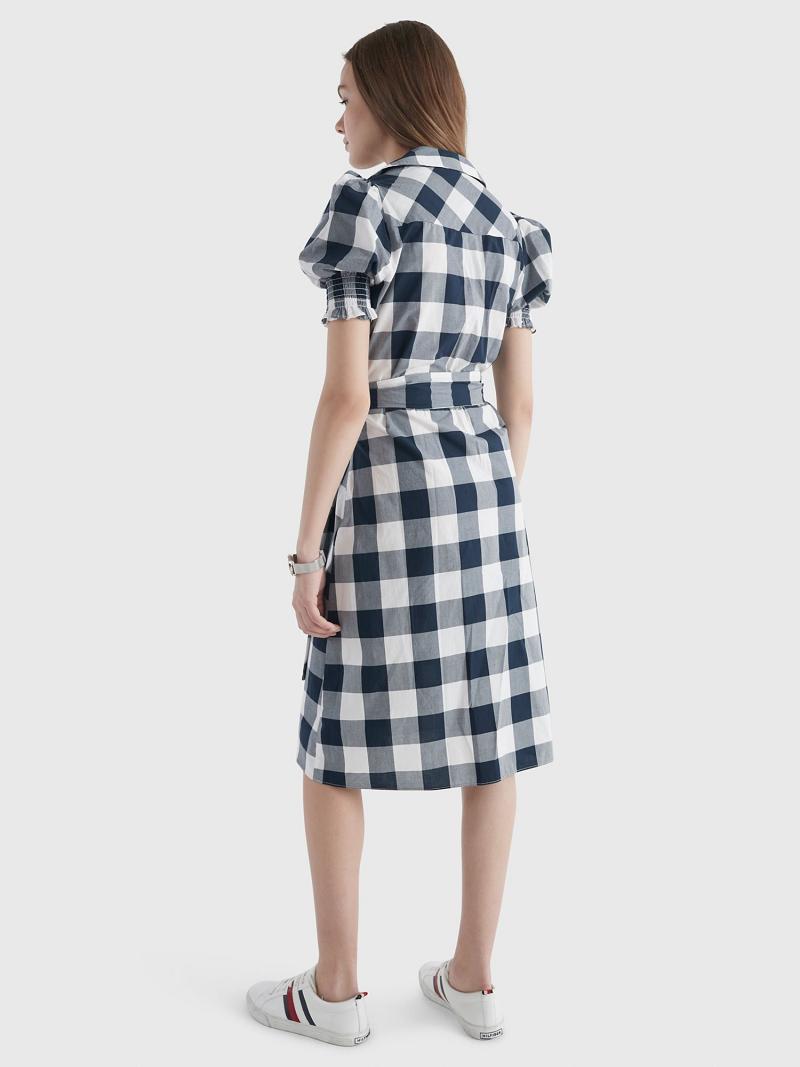 Blue / White Women's Tommy Hilfiger Gingham Print Shirtdress Dresses | AU_W21094