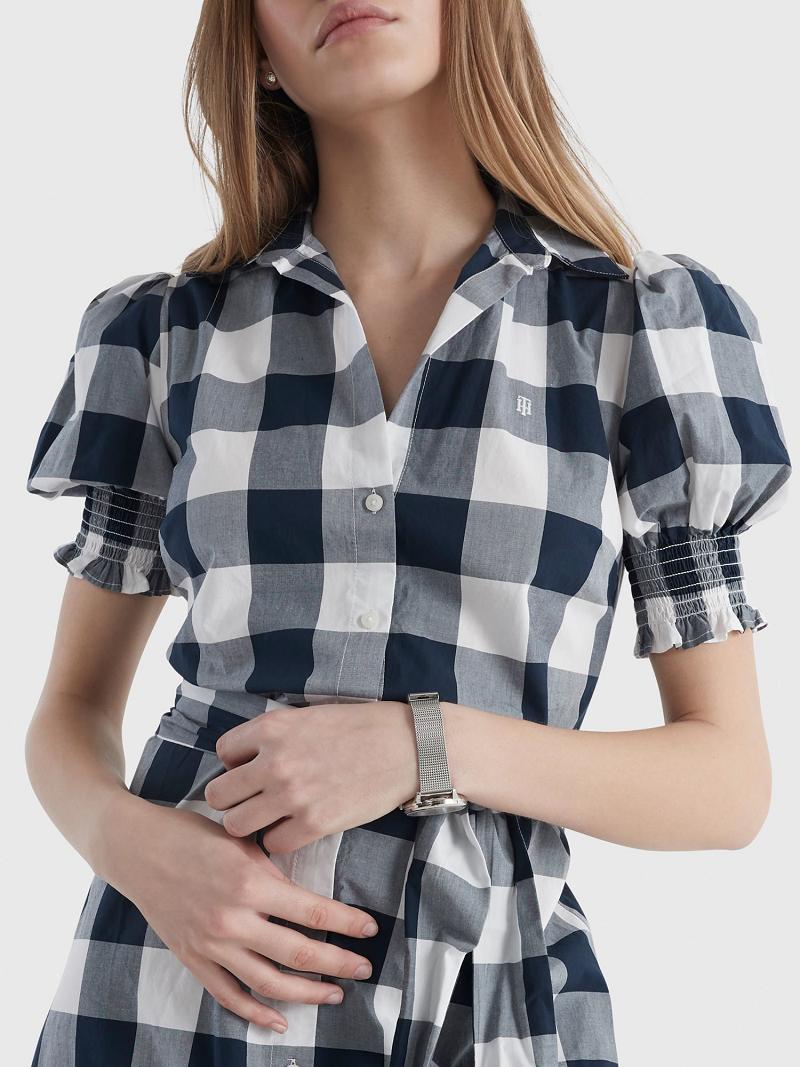 Blue / White Women's Tommy Hilfiger Gingham Print Shirtdress Dresses | AU_W21094