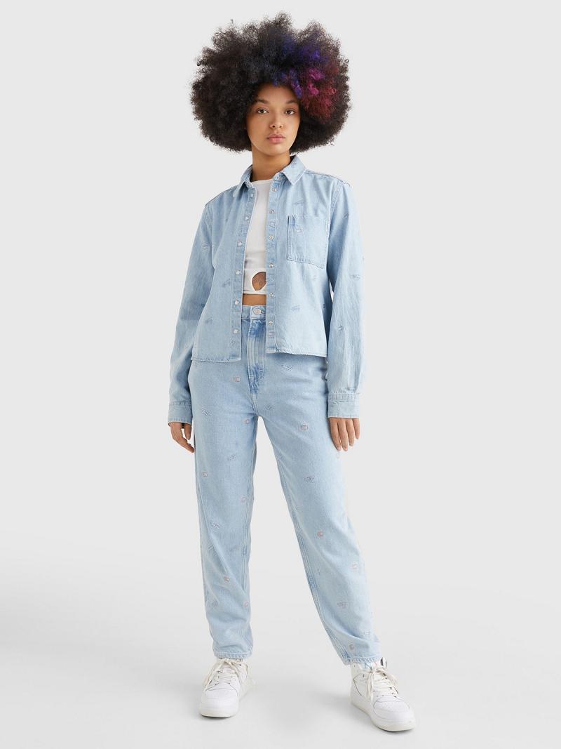 Blue Women's Tommy Hilfiger Cropped Logo Denim Shirts | AU_W21279