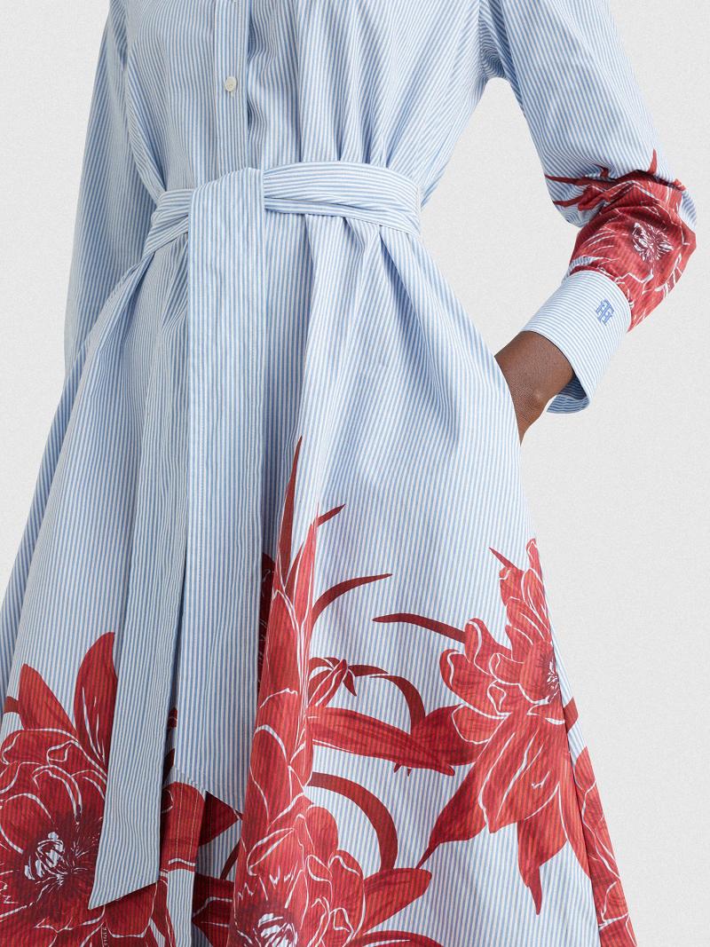 Blue Women's Tommy Hilfiger Floral Stripe Midi Shirtdress Dresses | AU_W21091