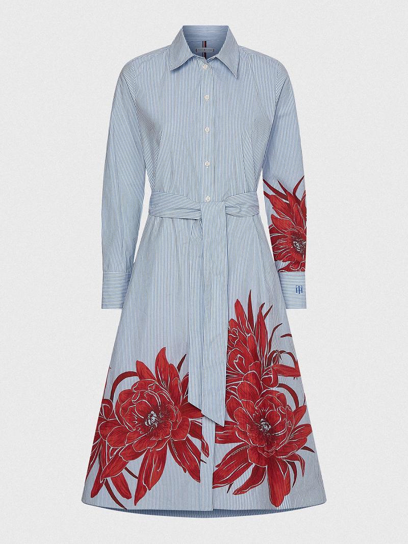 Blue Women's Tommy Hilfiger Floral Stripe Midi Shirtdress Dresses | AU_W21091