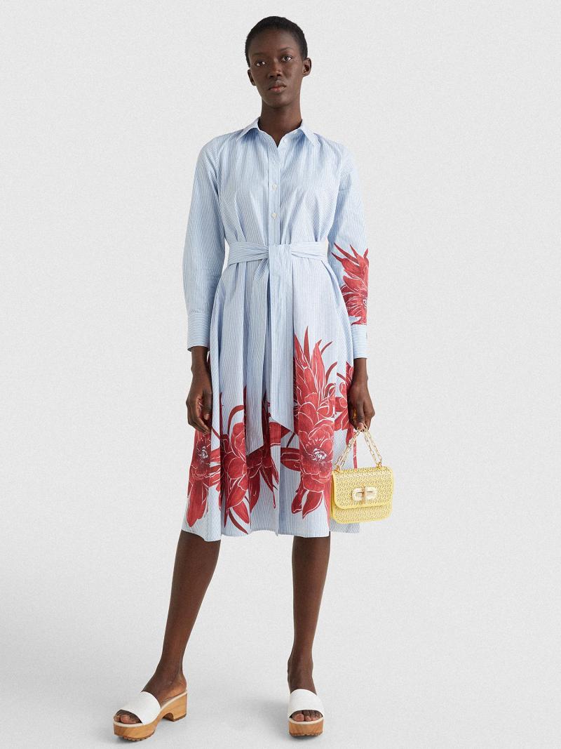 Blue Women\'s Tommy Hilfiger Floral Stripe Midi Shirtdress Dresses | AU_W21091