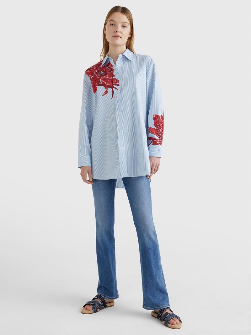 Blue Women's Tommy Hilfiger Floral Stripe Shirts | AU_W21281