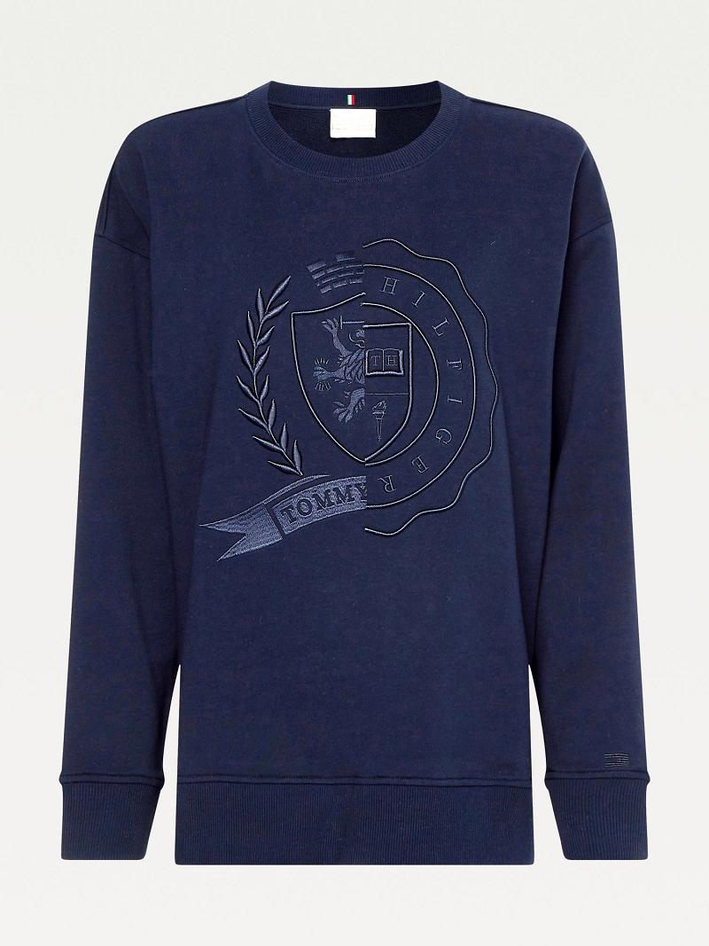 Blue Women's Tommy Hilfiger Icon Organic Cotton Crest Sweatshirts | AU_W21390