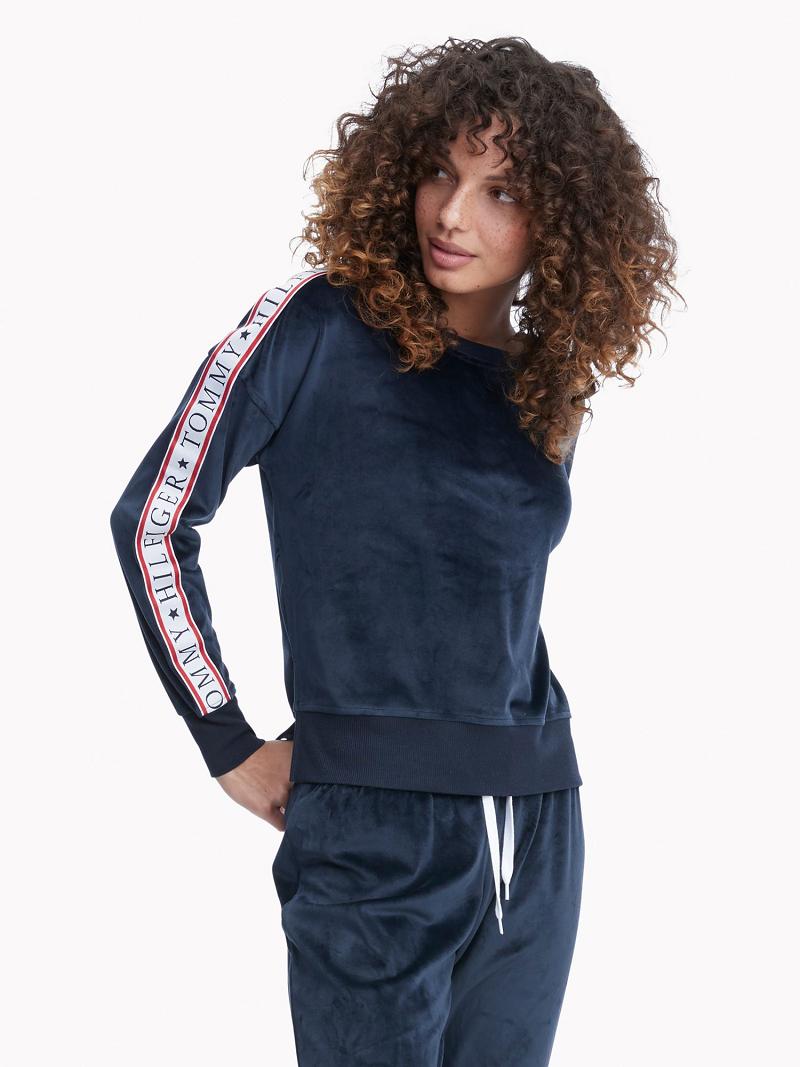 Blue Women\'s Tommy Hilfiger Logo Tape Fleece Sleep Set Hoodies | AU_W21151