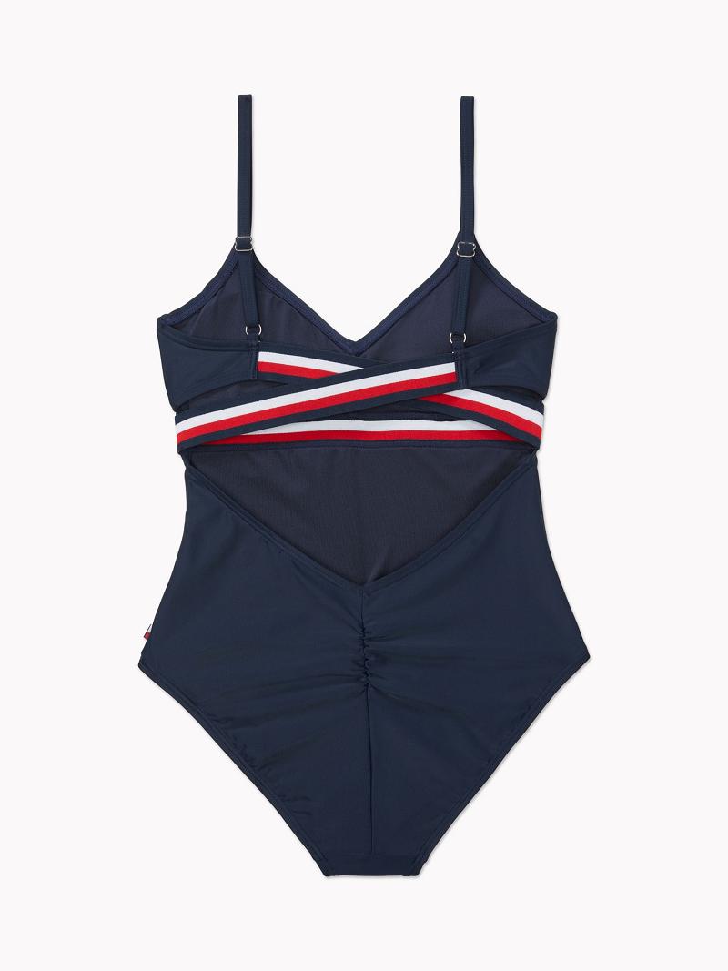 Blue Women's Tommy Hilfiger Stripe Cut-Out One-Piece Swimwear | AU_W21430