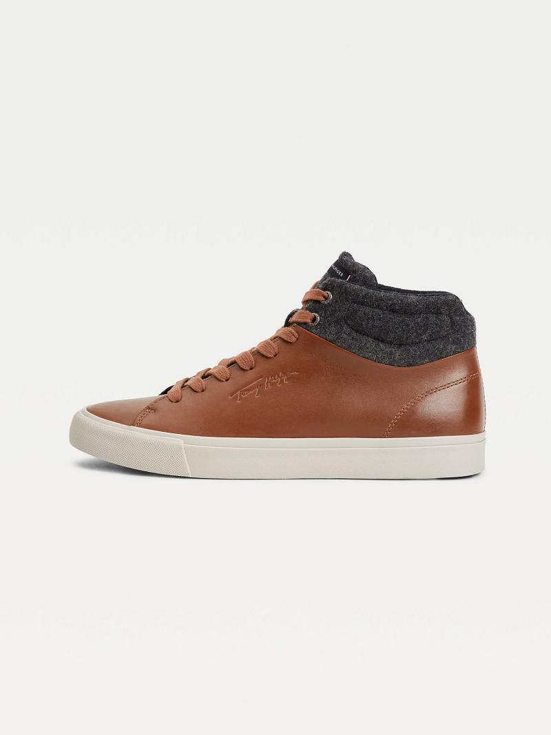 Brown Men's Tommy Hilfiger Felt accent ankle leather Sneakers | AU_M31615