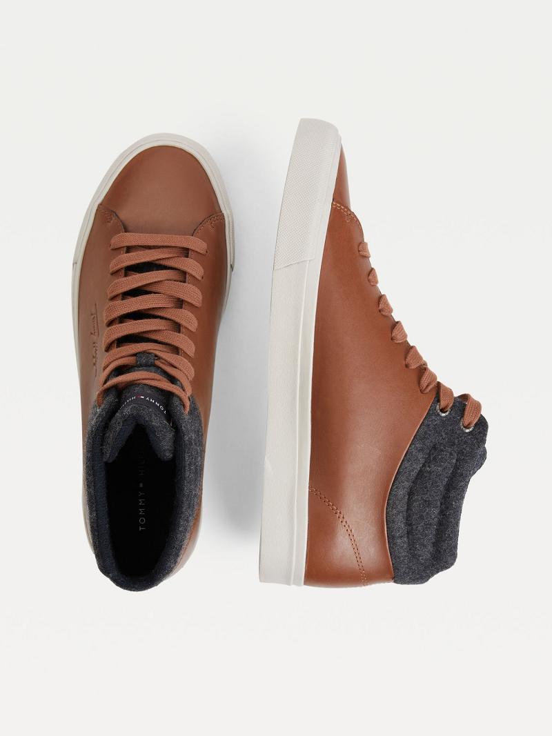 Brown Men's Tommy Hilfiger Felt accent ankle leather Sneakers | AU_M31615