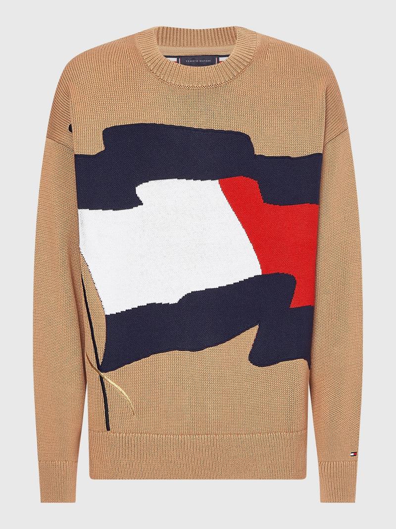 Brown Men's Tommy Hilfiger Wavy flag crewneck Sweaters | AU_M31178