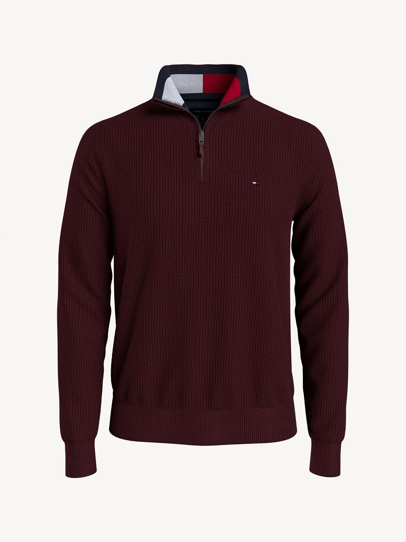 Burgundy Men\'s Tommy Hilfiger Essential solid quarter-zip Sweaters | AU_M31162