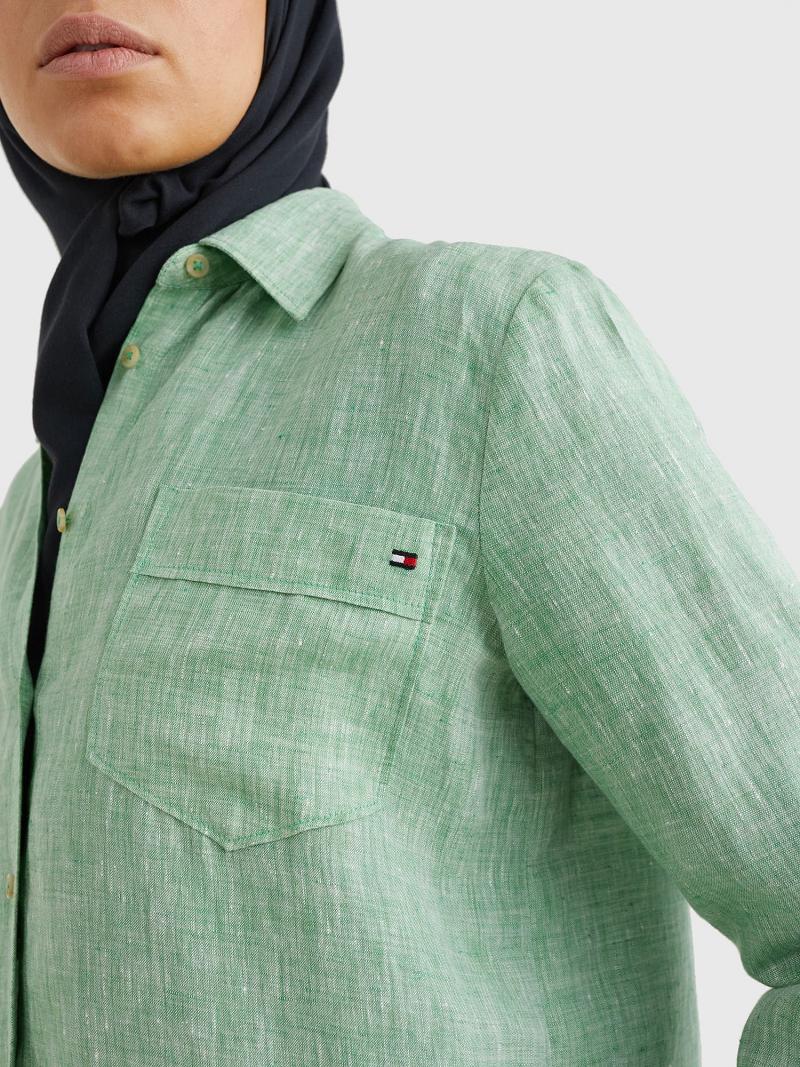 Green Women's Tommy Hilfiger Linen Long-Sleeve Shirts | AU_W21285