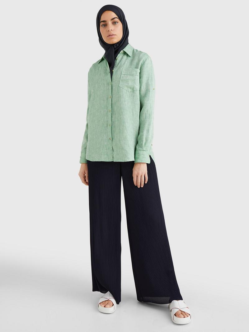 Green Women's Tommy Hilfiger Linen Long-Sleeve Shirts | AU_W21285