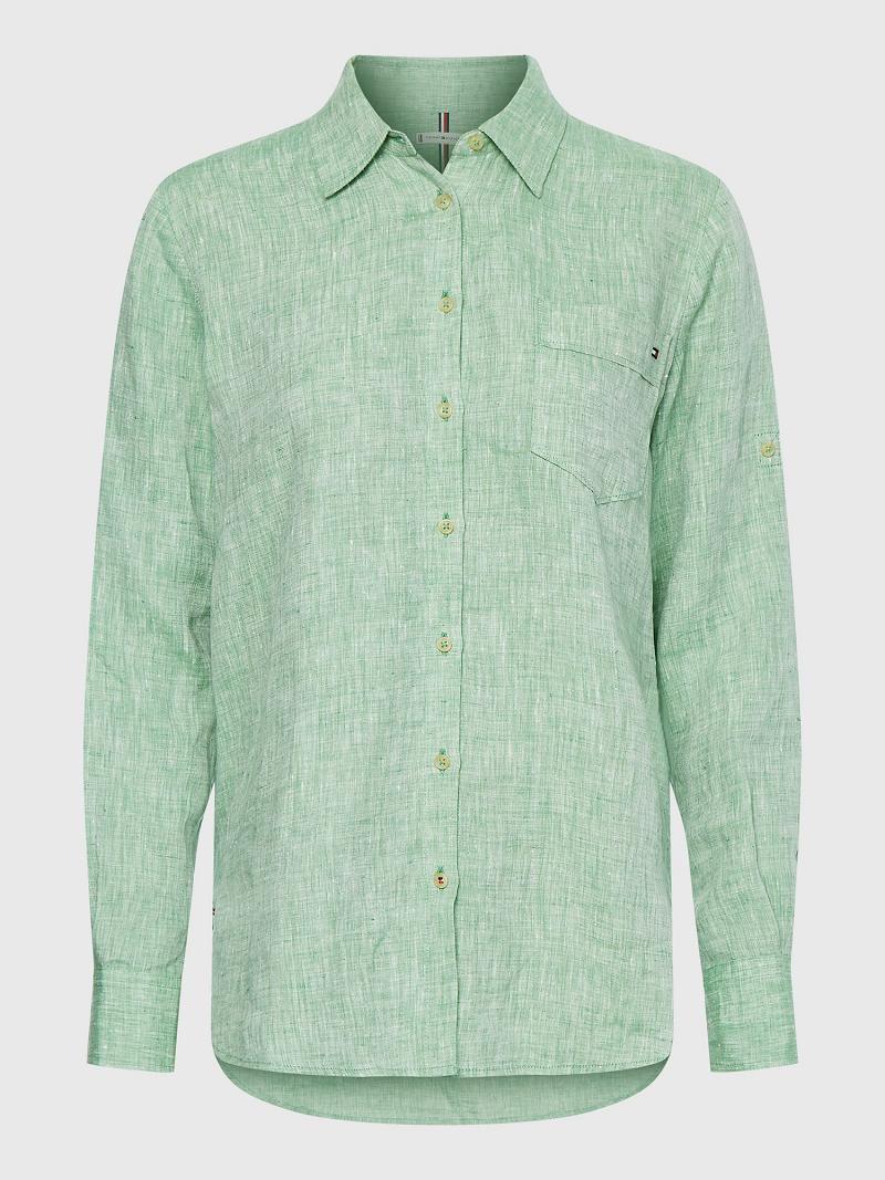 Green Women's Tommy Hilfiger Linen Long-Sleeve Shirts | AU_W21285