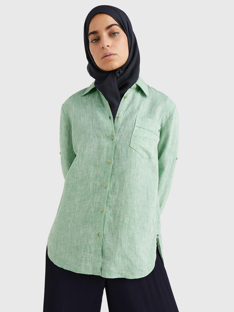 Green Women\'s Tommy Hilfiger Linen Long-Sleeve Shirts | AU_W21285