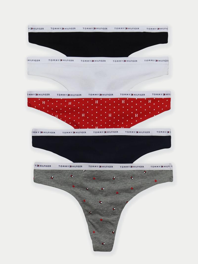 Navy / Grey Women\'s Tommy Hilfiger Logo Mix 5PK Thongs | AU_W21568