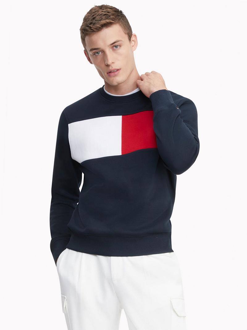 Navy Men\'s Tommy Hilfiger Essential intarsia flag Sweatshirts | AU_M31118