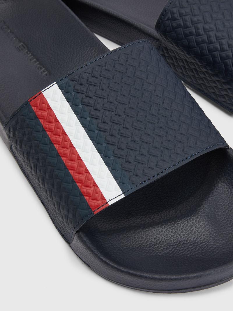 Navy Men's Tommy Hilfiger Textured stripe Slides | AU_M31643