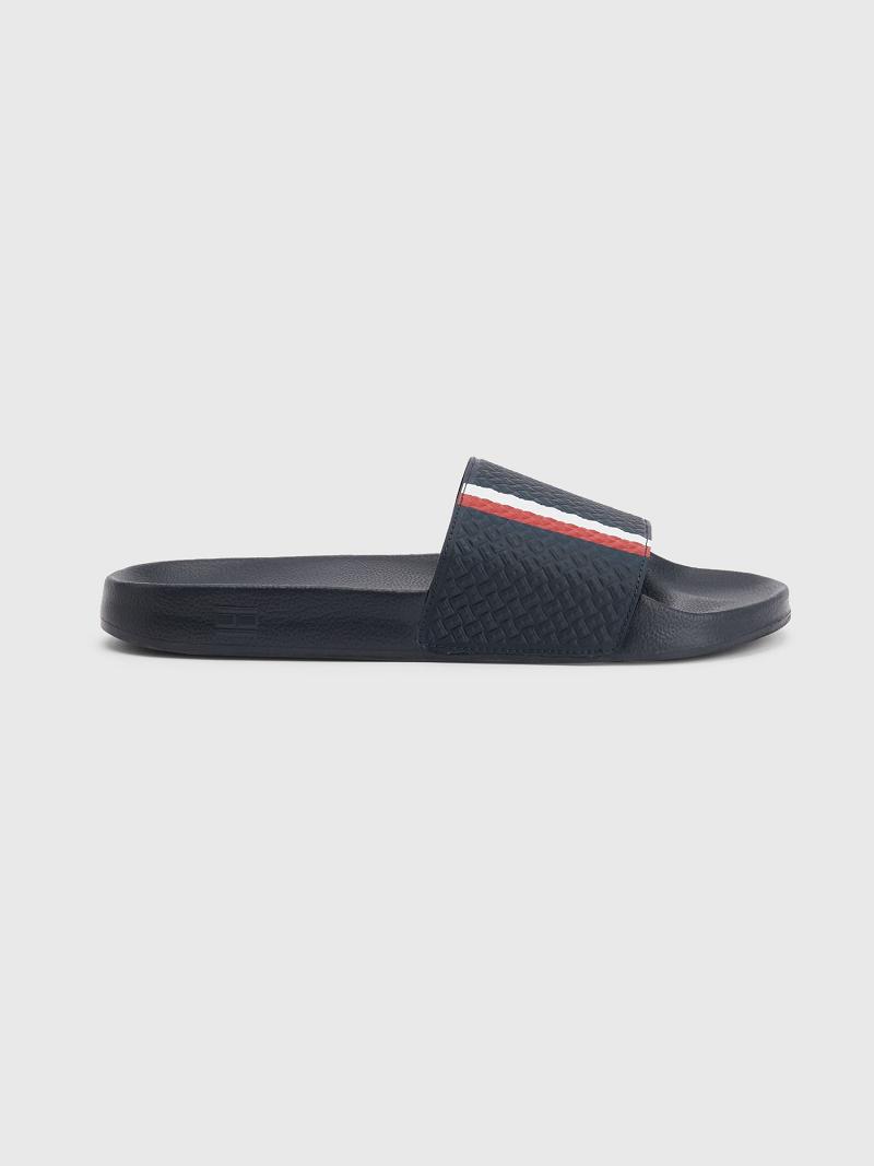 Navy Men's Tommy Hilfiger Textured stripe Slides | AU_M31643