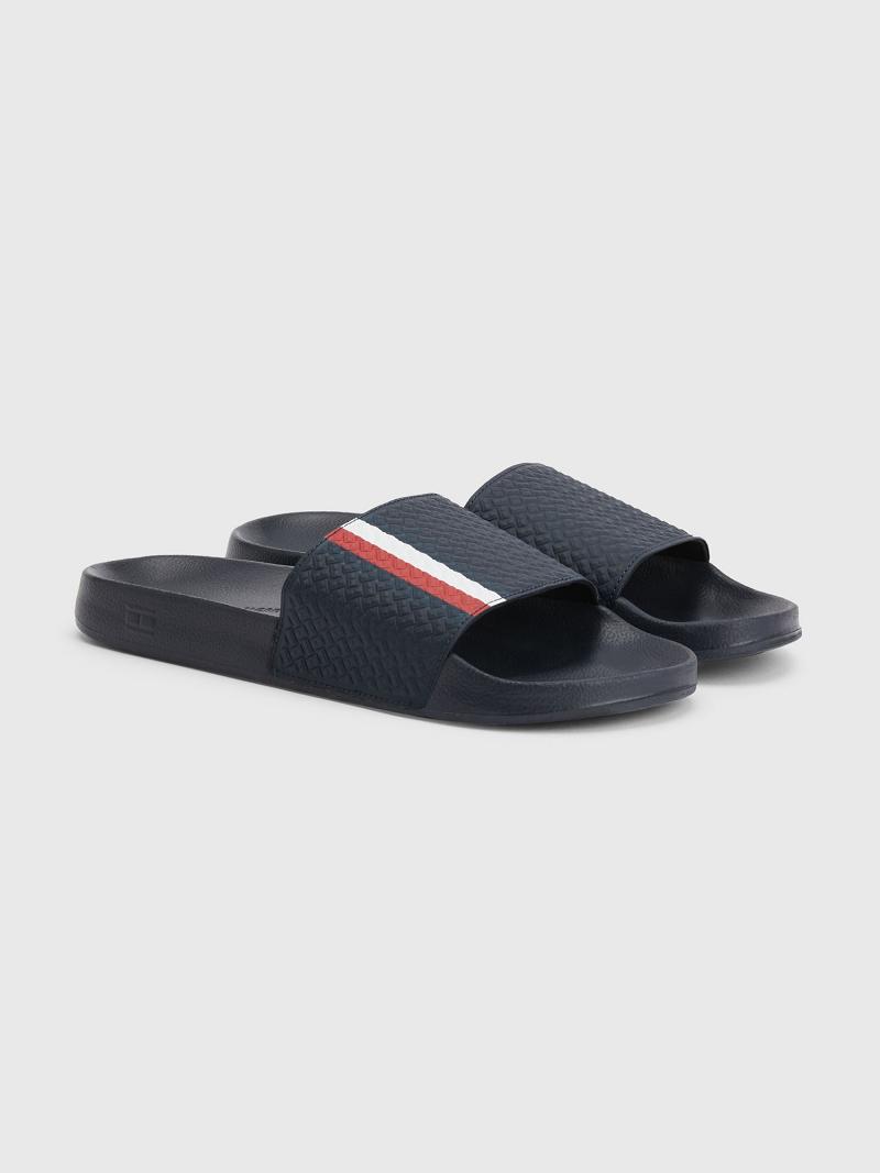 Navy Men\'s Tommy Hilfiger Textured stripe Slides | AU_M31643