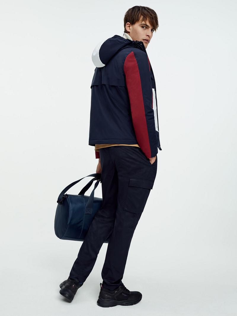 Navy / Red / White Men's Tommy Hilfiger Recycled hooded colorblock Jackets | AU_M31415