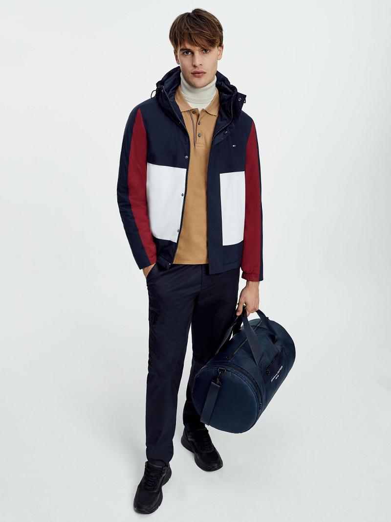 Navy / Red / White Men's Tommy Hilfiger Recycled hooded colorblock Jackets | AU_M31415