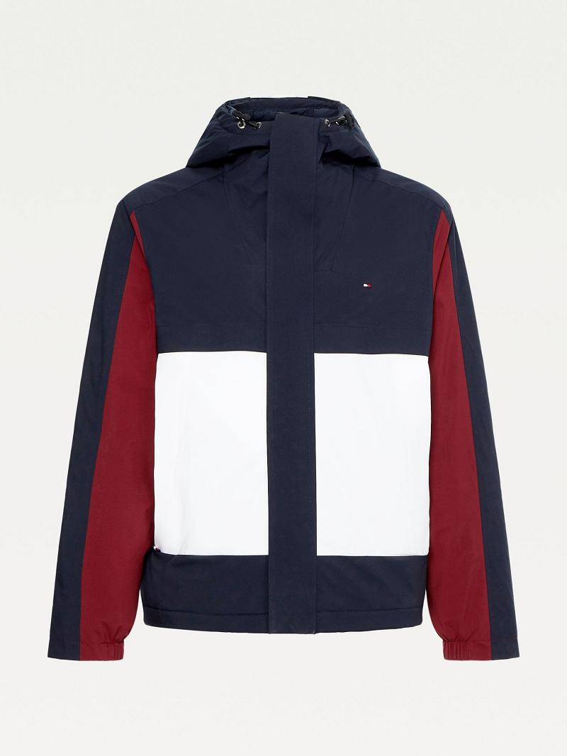 Navy / Red / White Men's Tommy Hilfiger Recycled hooded colorblock Jackets | AU_M31415