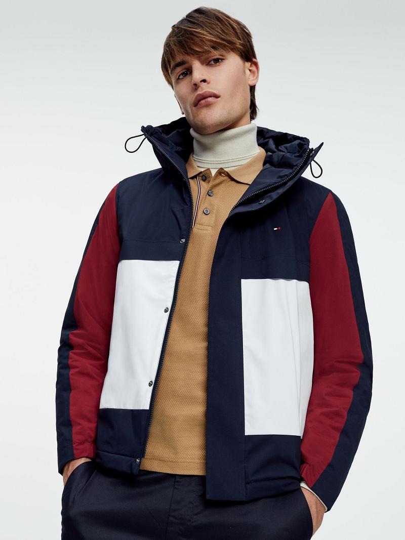 Navy / Red / White Men\'s Tommy Hilfiger Recycled hooded colorblock Jackets | AU_M31415